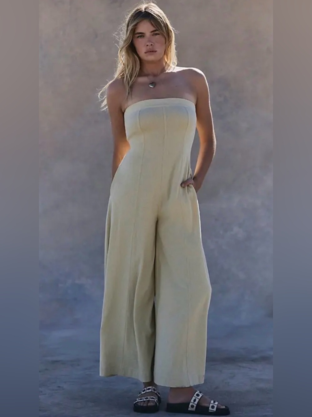 NWT Free People Kamora Strapless Extra Wide-Leg Jumpsuit Flax Straw Sz Medium